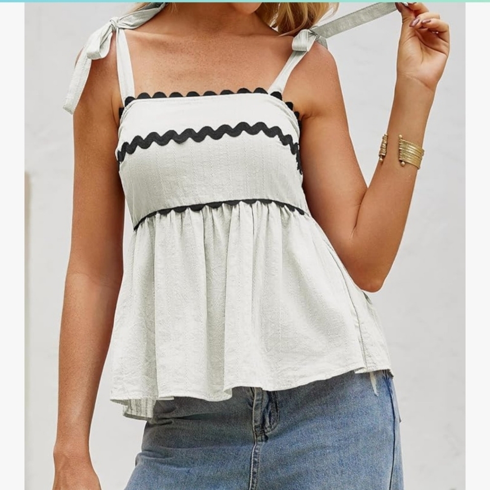 White and Black Ruffled Camisole with Tie Shoulder Straps